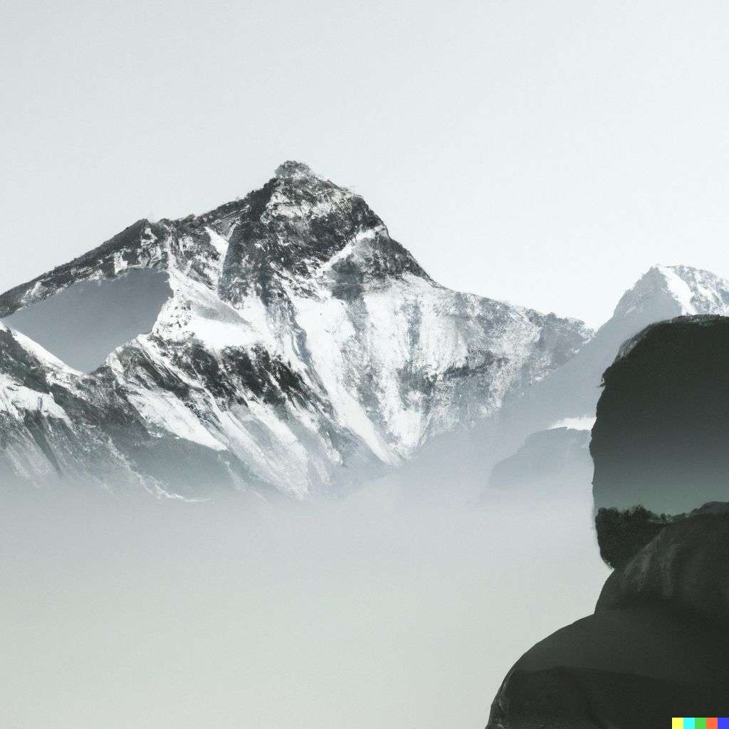 someone gazing at Mount Everest, photograph, double exposure
